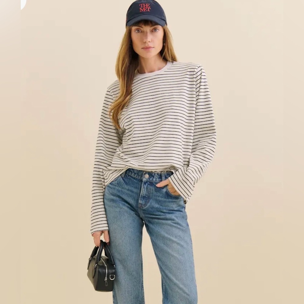 Reformation Asher Oversized Long Sleeve Tee in Black and White Stripe
